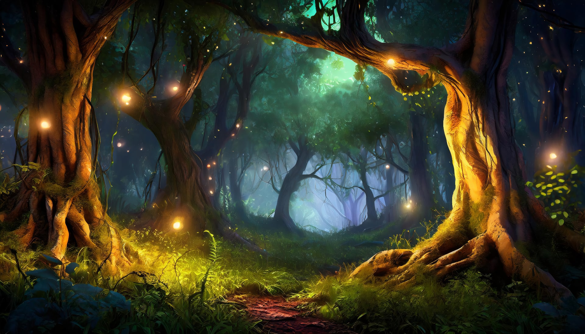 Firefly Beautiful forest at night. Hyper realistic. 3D. Magical. Fantasy 21691